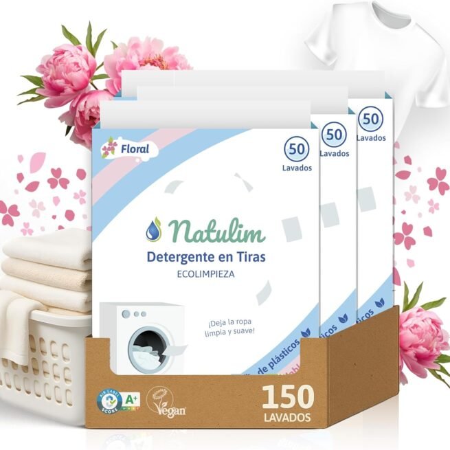 Natulim - Detergent Strips for Washing Machine (150 Washes) - Includes Softening Effect, Eco-Friendly, Hypoallergenic, Made in Spain - Clean and Soft Clothes Without Mousing the Planet (Floral) - 3